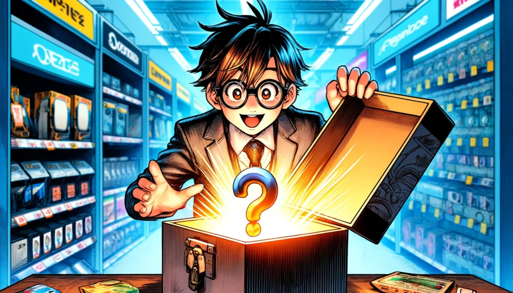 A child with glasses in a tech store pulls a glowing software icon from a mystery box marked with a question mark, surrounded by various tech gadgets.