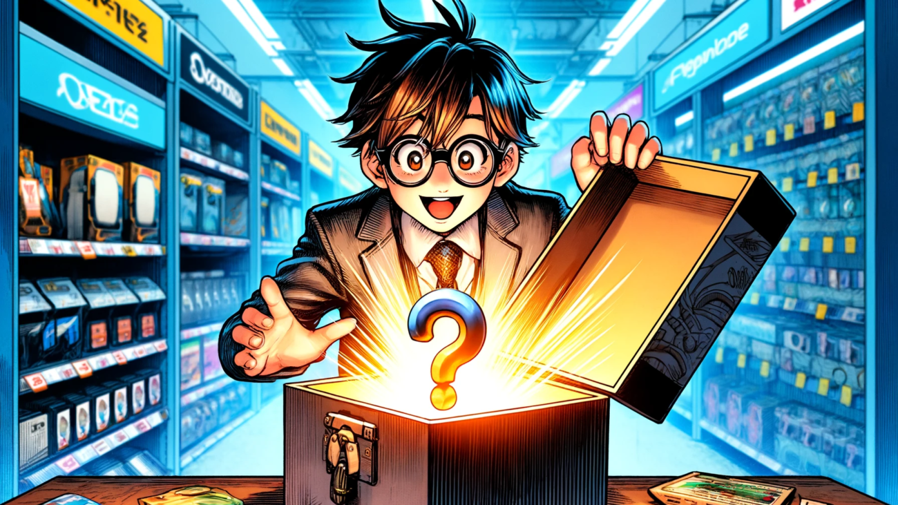 A child with glasses in a tech store pulls a glowing software icon from a mystery box marked with a question mark, surrounded by various tech gadgets.
